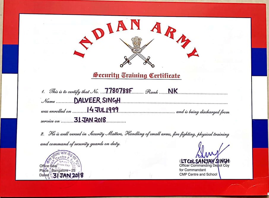 Indian Army - Security Training Certificate
